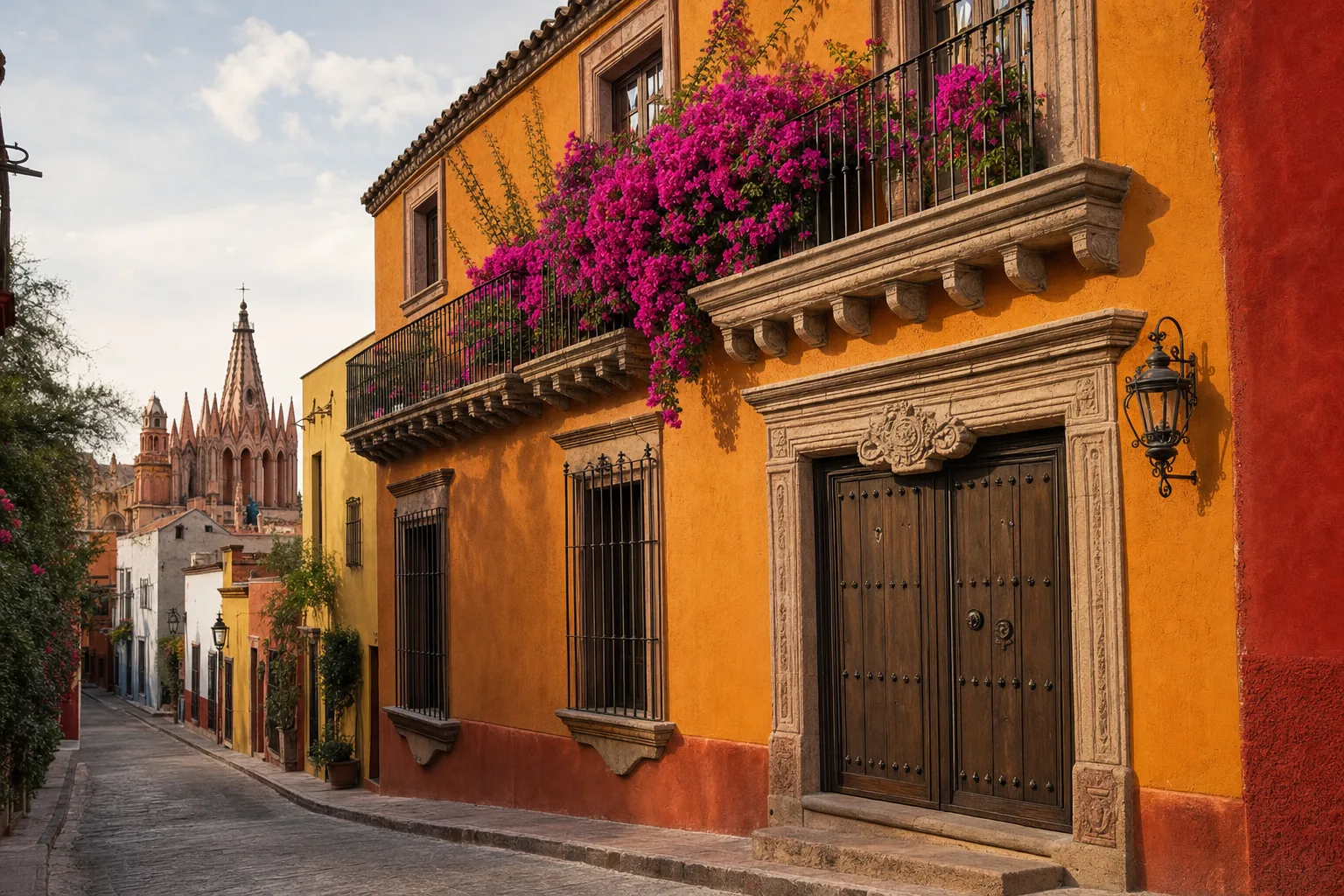Restored colonial home facade with a bougainvillea balcony on a cobblestone street in San Miguel de Allende