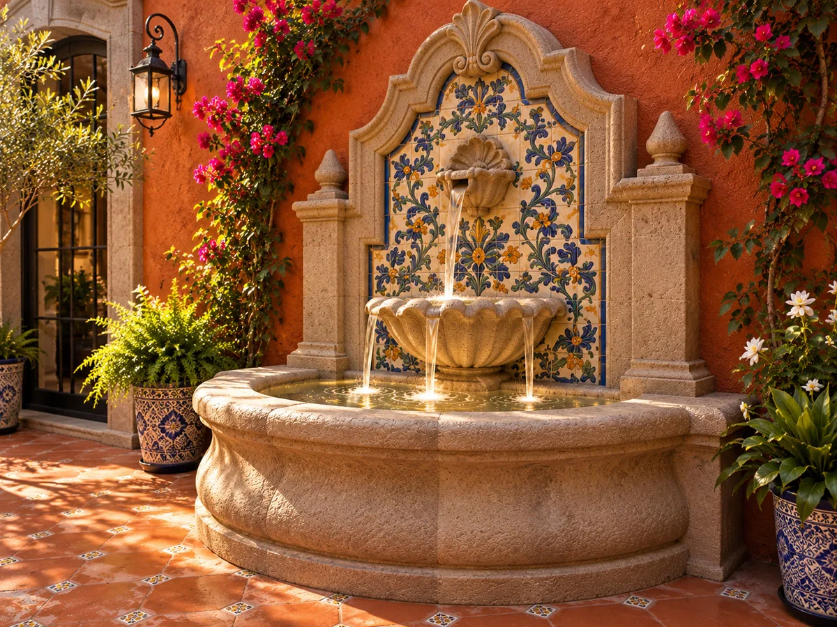 New cantera and Talavera wall fountain with bougainvillea in a San Miguel de Allende courtyard