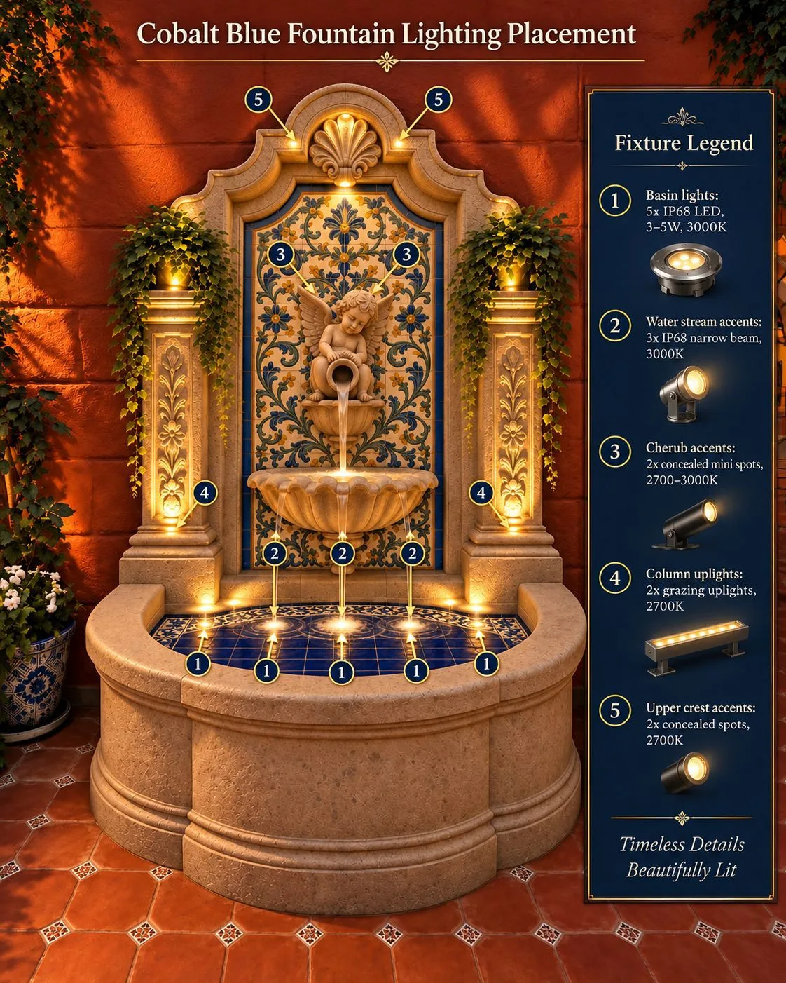 Fountain lighting placement plan showing basin lights, water stream accents, cherub accents, column uplights and upper crest accents on a cantera and Talavera wall fountain