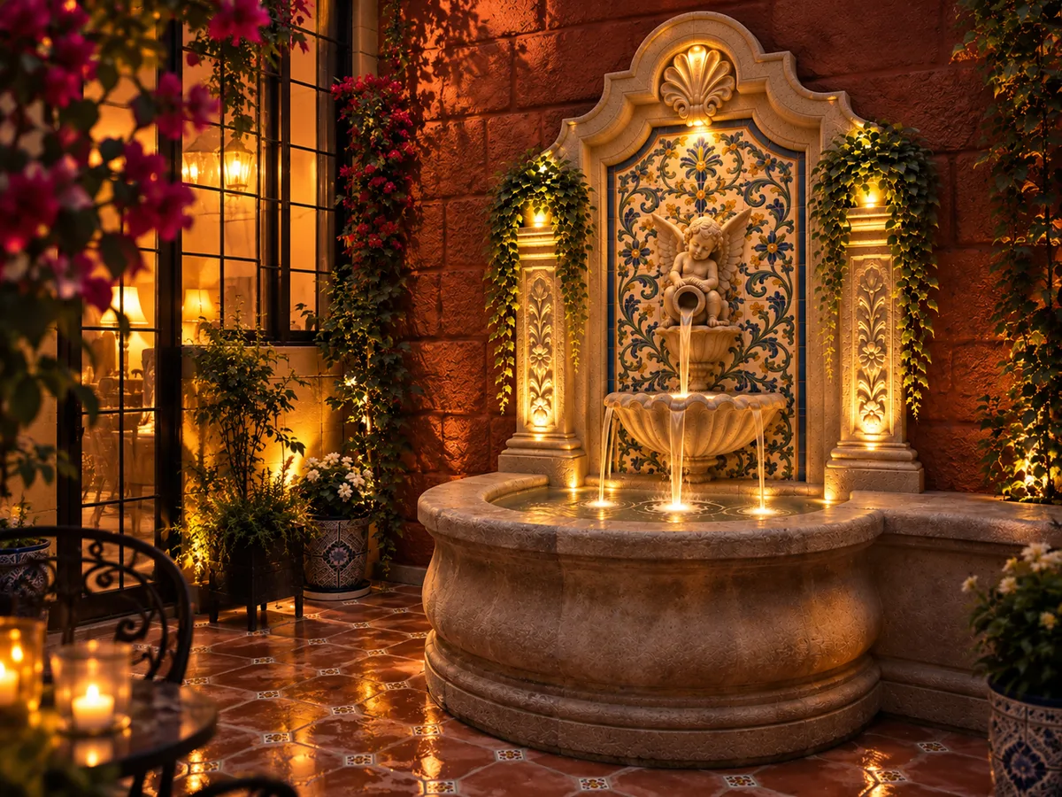 Cantera and Talavera courtyard fountain lit at night with warm underwater and accent lighting