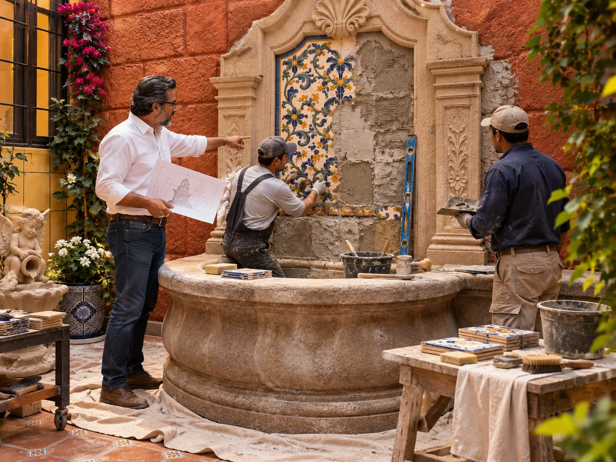 Architect reviewing drawings while artisans restore the Talavera tile of a cantera courtyard fountain