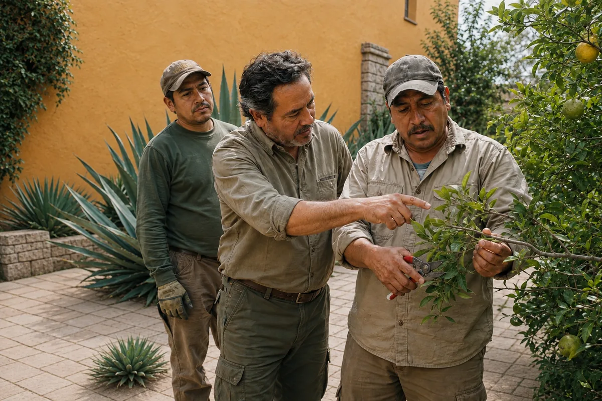 Architect training gardeners on pruning a citrus tree